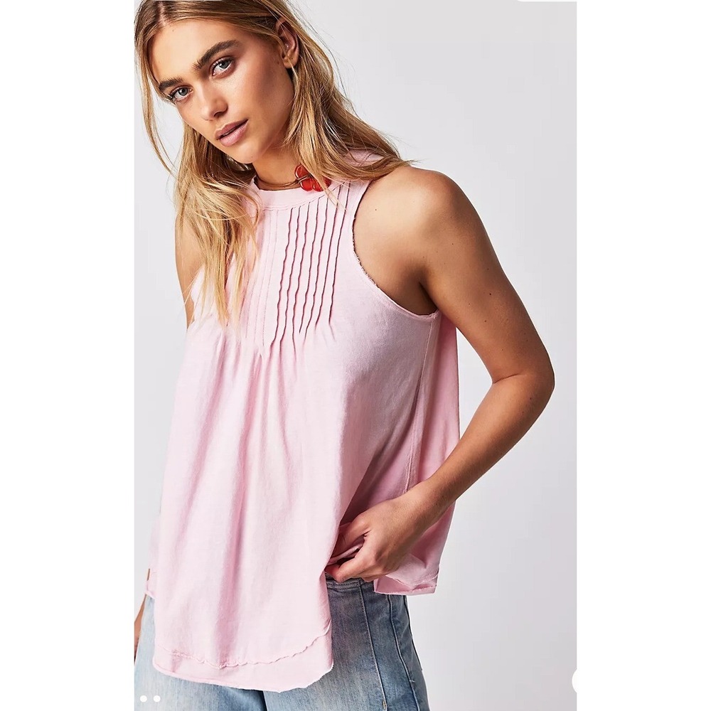 We The Free Go To Town Tank Small Pastel Pink Pintuck Pleated Raw Hem Boho Chic